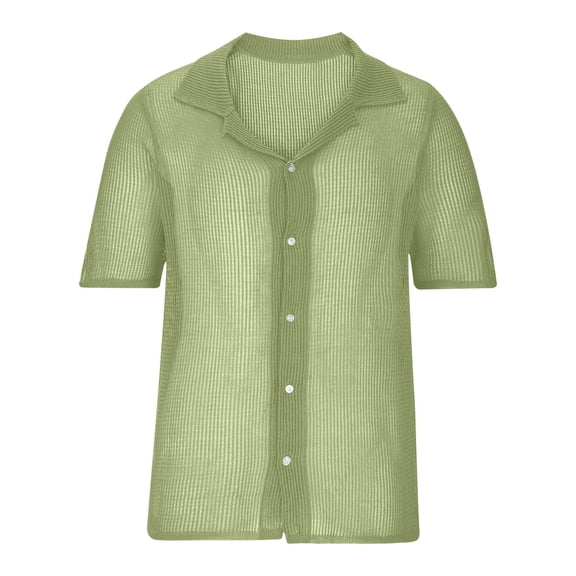 Lovskoo Mens Button Down Short Sleeve Shirt Collared Shirt Trendy Knit Hollow Out Casual Solid Color Blouse Shirt Green