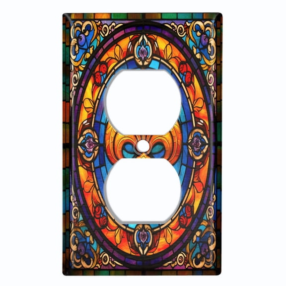 Metal Light Switch Wall Plate Outlet Cover (Printed Image of Stained Glass Fleur-de-lis Medallion - Single Duplex)
