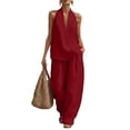 thumbnail image 2 of Linen Sets for Womens 2 Piece Outfits Casual Minimalist Halter Neck Top and High Waisted Wide Leg Pants Summer Matching Outfit with Pockets, 2 of 9