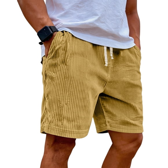 Domuza Shorts en Velours Côtelé pour Homme, Décontractés, Taille Élastique avec Cordon, Shorts de Plage, Mode Été 2026, Légers, Confort, Shorts Vintage, Jaune Terreux, TG