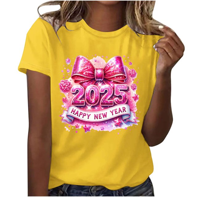 Hyknon Hauts pour Femmes Été Nouvel An Bonne Année Décontracté Imprimé Col Rond Manches Courtes Haut Doux Pull Polyvalent pour Sortir