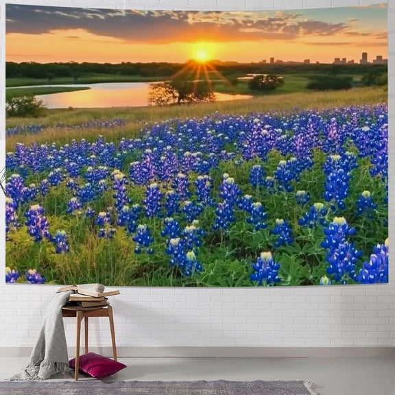 BCIIG Bluebonnets Sunset Skyline Tapestry Wall Hanging Unique Style Graphic Tapestries Home Wall Decor Art for Living Room Bedroom Apartment Farmhouse Dorm 40x30inch