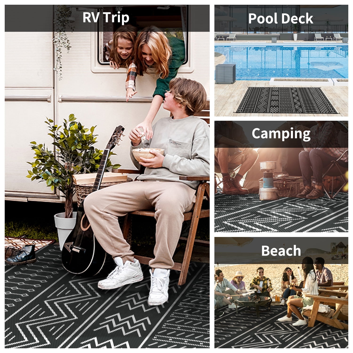 SIXHOME Outdoor Rug 5'x8' Waterproof Patio Rug Reversible Indoor Outdoor Rug Lightweight Plastic Straw Rug for RV Camping Deck Balcony Boho Porch Decor Dark Grey and White