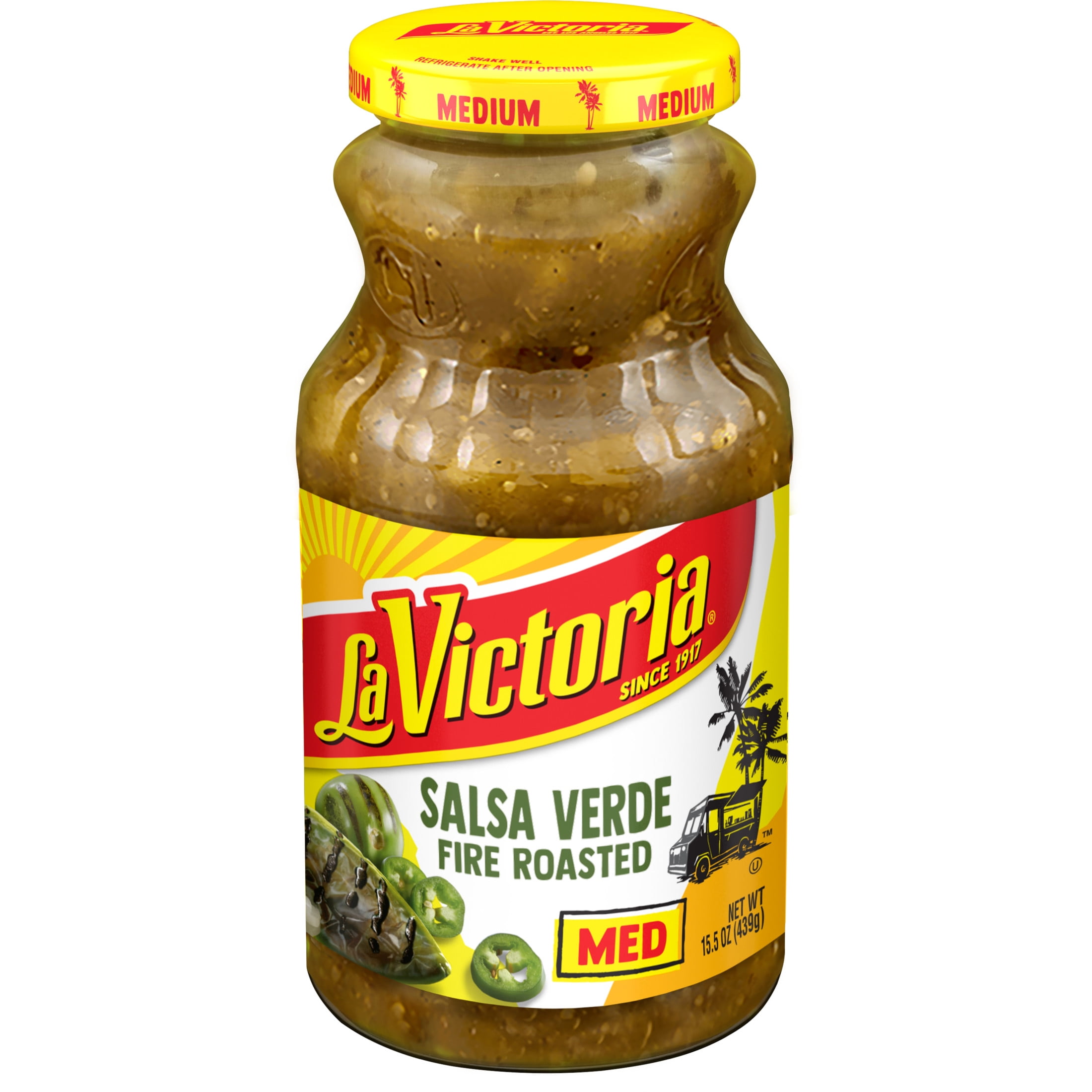 (3 pack) LA VICTORIA Salsa Verde Fire Roasted, Medium, Shelf Stable, 15.5 oz Glass Jar