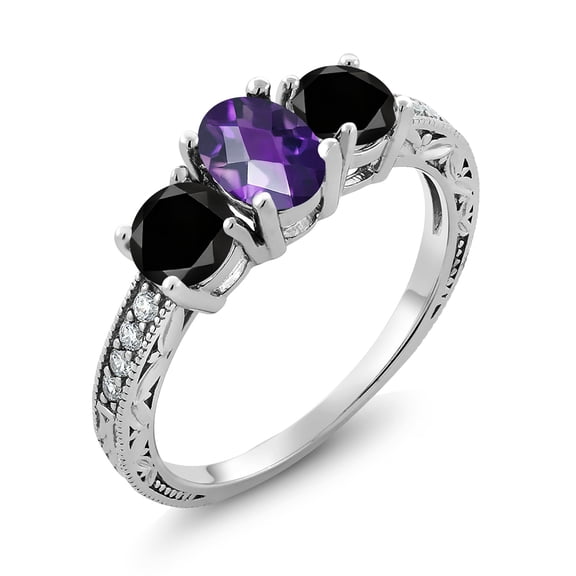 Gem Stone King 1.97 Ct Oval Checkerboard Purple Amethyst Black Diamond 925 Sterling Silver Moissanite Ring (Size 7)