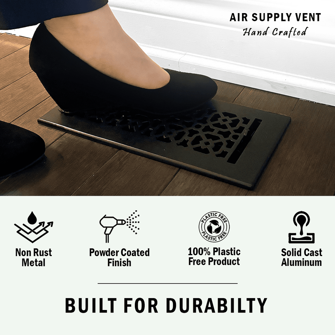 SET of 5 Achtek Air Supply Vent 4"x 10" Duct Opening (Overall 5-1/2"x 11-3/4") Solid Cast Aluminum Register Cover || Powder Coated Black No holes