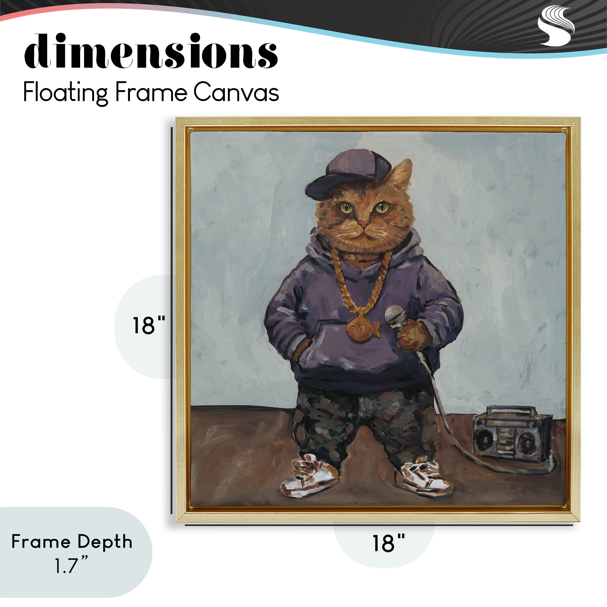 Stupell Industries Urban Hip-Hop Cat Gold Framed Floater Canvas Wall Art, design by Studio Bautista