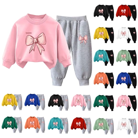 2 Piece Sweatsuit Set for Toddler Crew Neck Long Sleeve Sweatshirts Jogging Pants Bow Print Thermal Casual Outfits (3T, Pink 01)