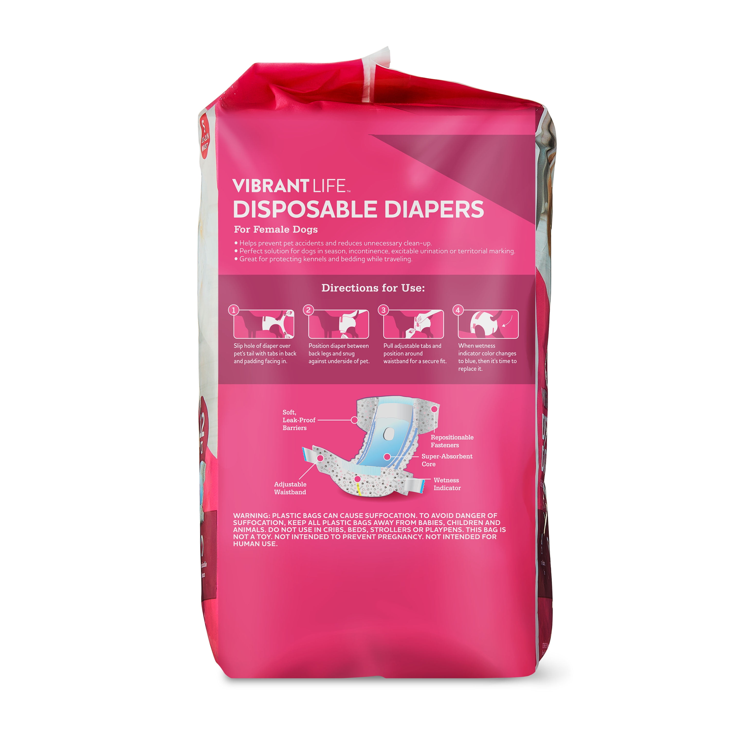 (12 pack) Vibrant Life Disposable Dog Diapers for Female Dogs, S, 12 Count