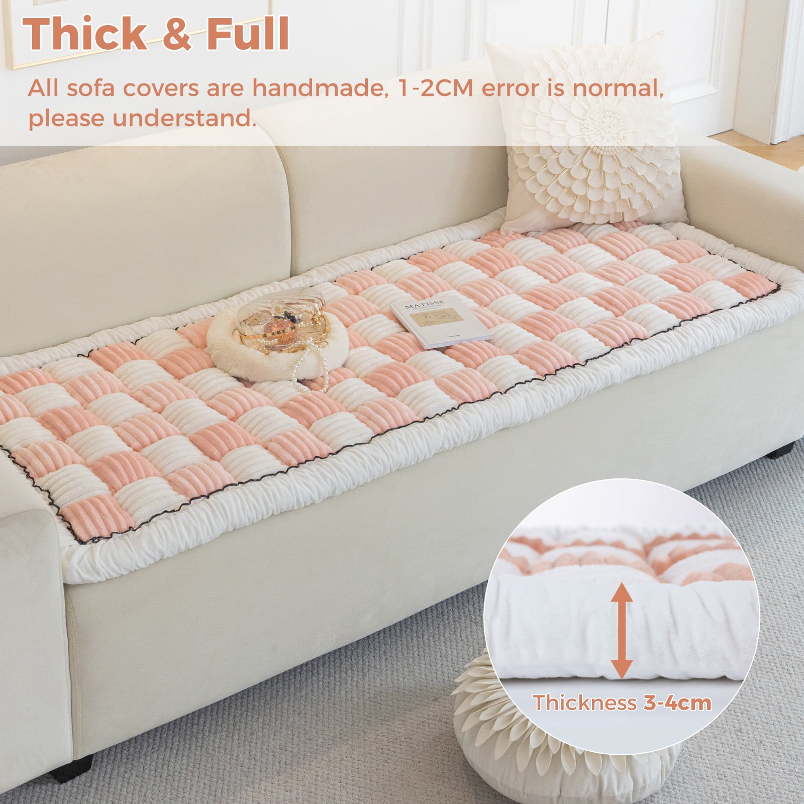 ANMINY Thick Fuzzy Checkered Couch Cover, Non-Slip Nordic Cream Sofa Protector Mat, Soft Flannel Furniture Cover