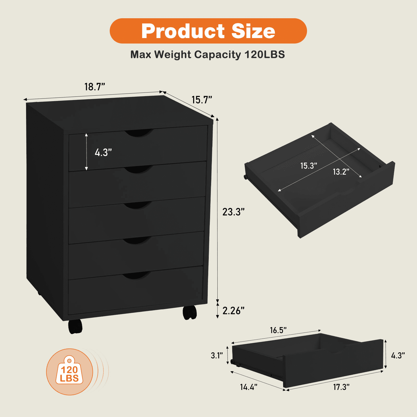 MAYEERTY 5-Drawer Mobile File Cabinet, Storage Cabinet Dressers with Wheels Mobile Organizer Drawers for Office, Bedroom, Home