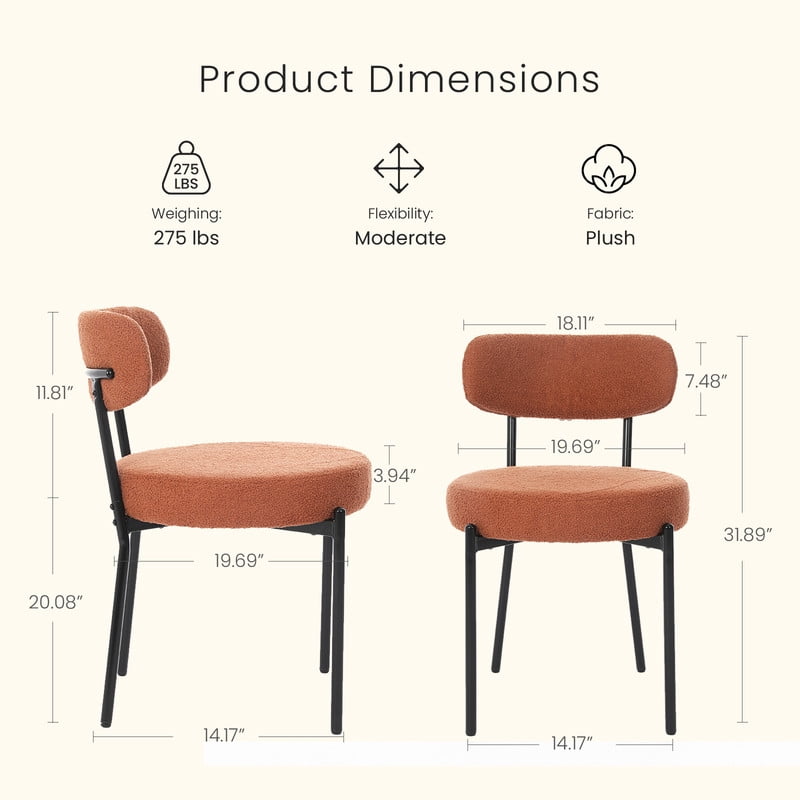 Gianna Dining Chairs Set of 2, Mid Century Modern Chair Round Upholstered Curved Backrest, Kitchen Vanity Living Room Chairs with Black Metal Legs，Orange