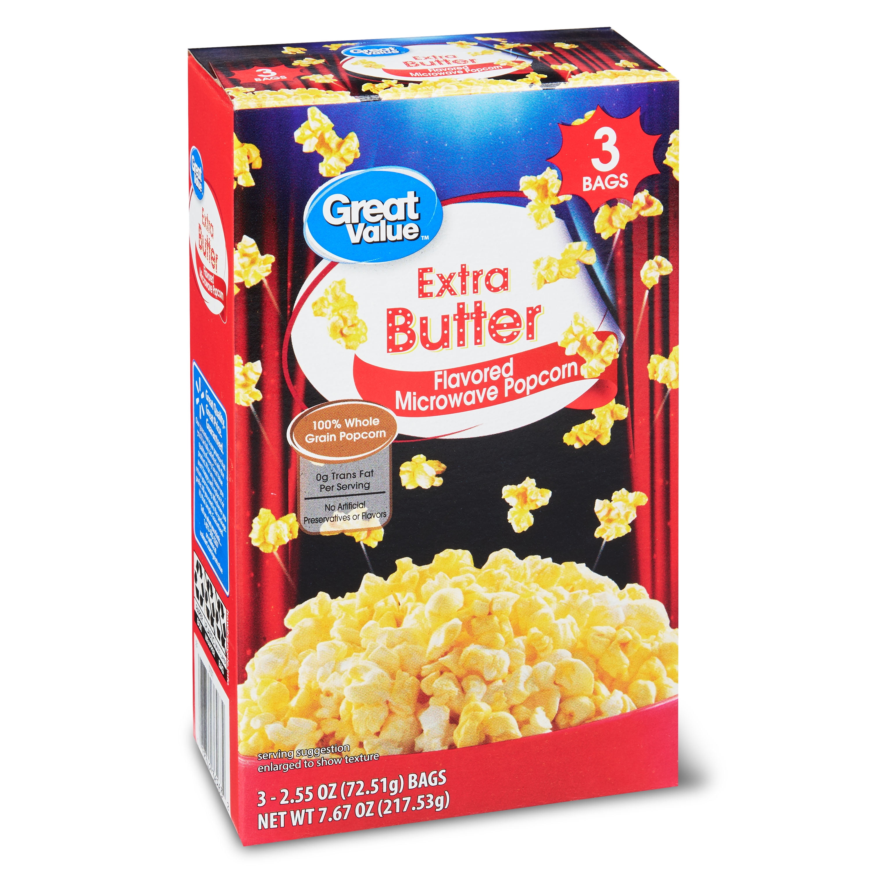 Great Value Flavored Microwave Popcorn, Extra Butter, 7.67 oz, 3 Count