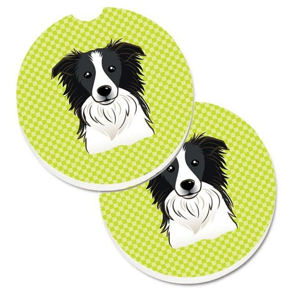 Checkerboard Lime Green Border Collie Set of 2 Cup Holder Car Coaster