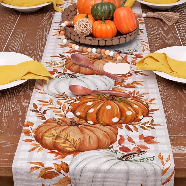 Fiudx Mantel de Acción de Gracias, Diseño Festivo de Calabaza, Elegantes Banderines de Mesa, Fácil de Limpiar, Decoración Navideña Versátil, Perfecto para Cenas y Exteriores, Incluye 1 Banderín de Me
