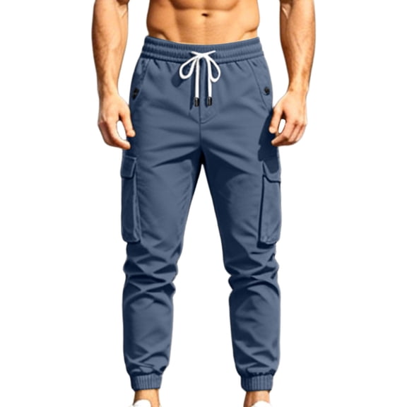Hurxie Mens Casual Cargo Joggers Pants Elastic Waist Drawstring Stretch Work Pants Tapered Sweatpants Blue,XS