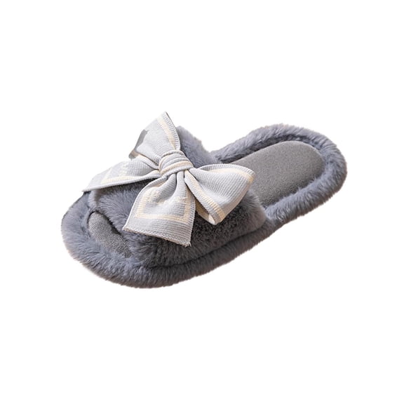 Gray Women'S Casual Home Slippers With Plus Velvet Warm Bow Slip-On Design Comfortable Flock Material