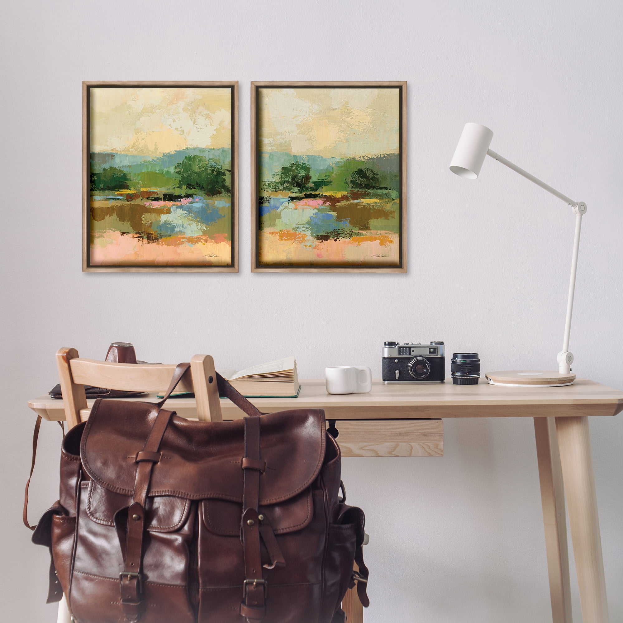 Stupell Industries Across the River Landscape Landscape & Nature Painting Brown Floater Framed Canvas Art Print Wall Art, 17 x 21, Set of 2