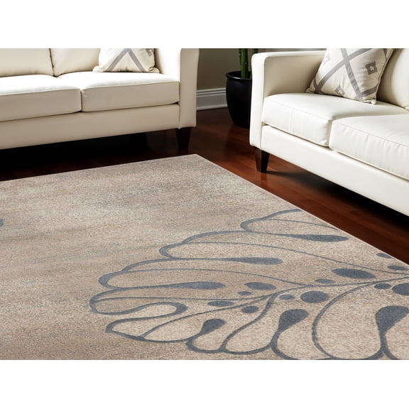 9' X 13' Beige and Gray Botanical Leaves Non Skid Area Rug