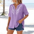 thumbnail image 7 of Jinhomg Women's Linen Shirt Short Sleeve Floral Embroidery Collarless Button Down Shirts Relaxed Fit Summer Beach Blouses Purple XL, 7 of 7