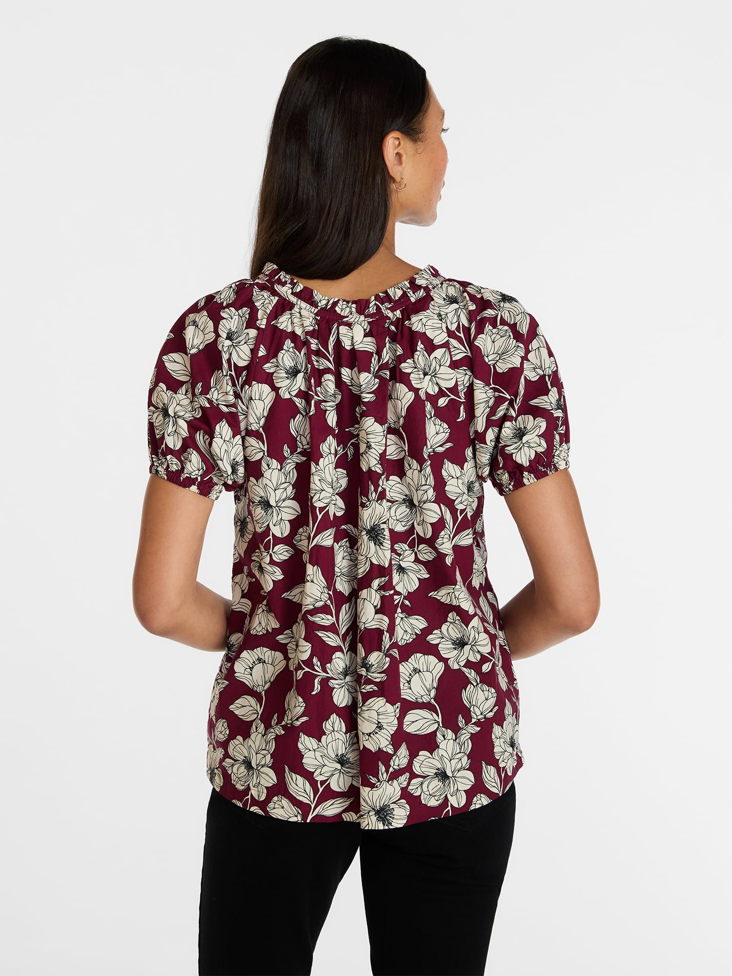 Time and Tru Women's Ruffle Neck Cotton Top with Short Puff Sleeves, Sizes XS-XXXL