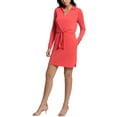 thumbnail image 2 of London Times Collared V-Neck Long Sleeve Solid Tie Front Short Matte Jersey Dress-NAVY / 10, 2 of 4