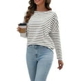 thumbnail image 3 of Womens Long Sleeve Shirts Striped Color Block Tops Fall Fashion Clothing Crewneck Tee Blouses Gray White L, 3 of 8