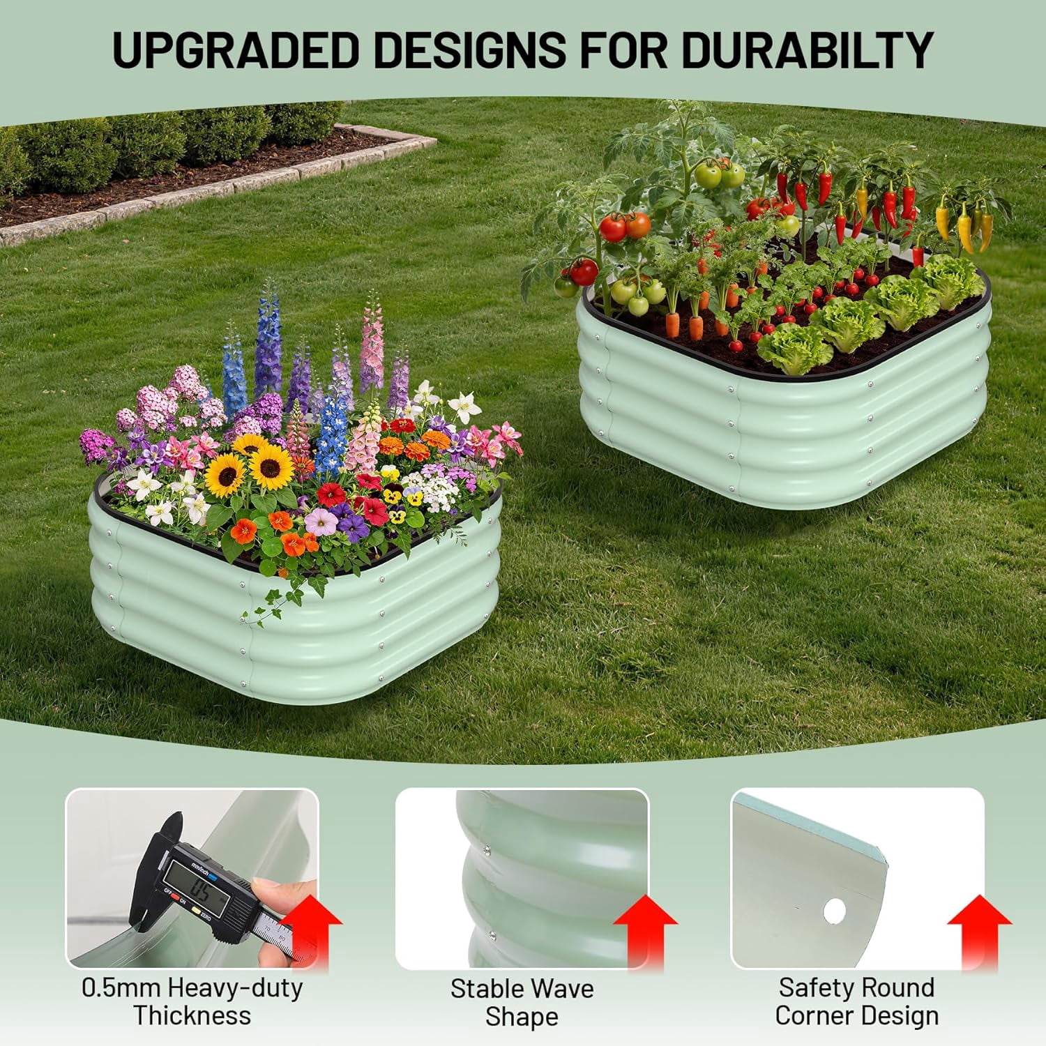 2 Pcs Galvanized Raised Garden Bed, Raised Garden Beds Outdoor, Squircle Planter Raised Beds with Gloves and Rubber Edge Trim for Vegetables, Flowers and Herbs, 2x2x1 FT, Green/Dark Grey