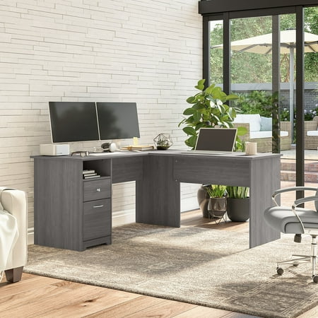 UPC: 0042976196035 | Bush Furniture Cabot 60W L-Desk with Hutch and Drawers by Modern Gray Chrome Finish