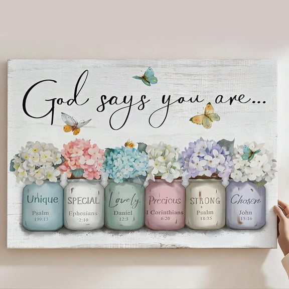 God Says You Are Floral Mason Jars Canvas Wall Art, Christian Bible Verse Decor, Colorful Hydrangea Butterfly Artwork For Bathroom, Living Room, Bedroom, Office, Ready To Hang 8*12inch(20*30cm)