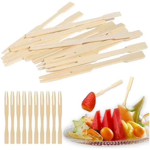 Bamboo Forks 3.5 inches Mini Appetizer Forks Toothpicks Topboutique Cocktail Forks Small Fruit Forks Disposable Food Picks for Party Fruit Charcuterie Accessories, Double Prong, 300 Pcs
