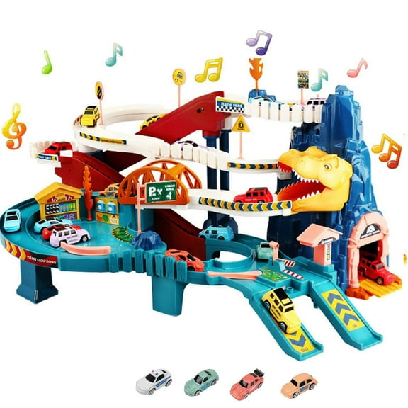 Dinosaur Rail Car Toys, Dinosaur Climbing Hills Railcar Colorful Vehicles Construction Play Set w/ 4 Racer Cars & Lifting Parking Lot, Winding Highway Dinosaur Hill for Preschool Gifts Kids Ages 3 