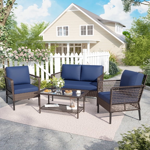 POTEBAN 4-Piece Wicker Outdoor Patio Conversation Set with Coffee Table, Brown Rattan Sofa Set for Balcony, Porch, Backyard, Blue