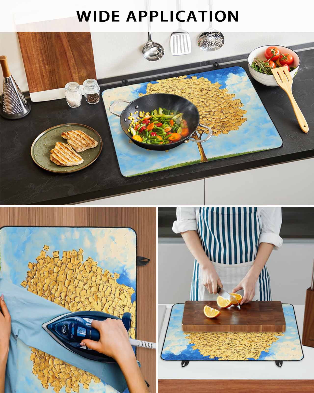 nqOlkjepod Large Induction Cooktop Protector Mat 36"x21", Yellow Tree Leaves Stove Top Covers for Electric Stove, Blue Sky Watercolor Gradient Painting Stove Burner Cover Mats, Glass Top Stove Cover