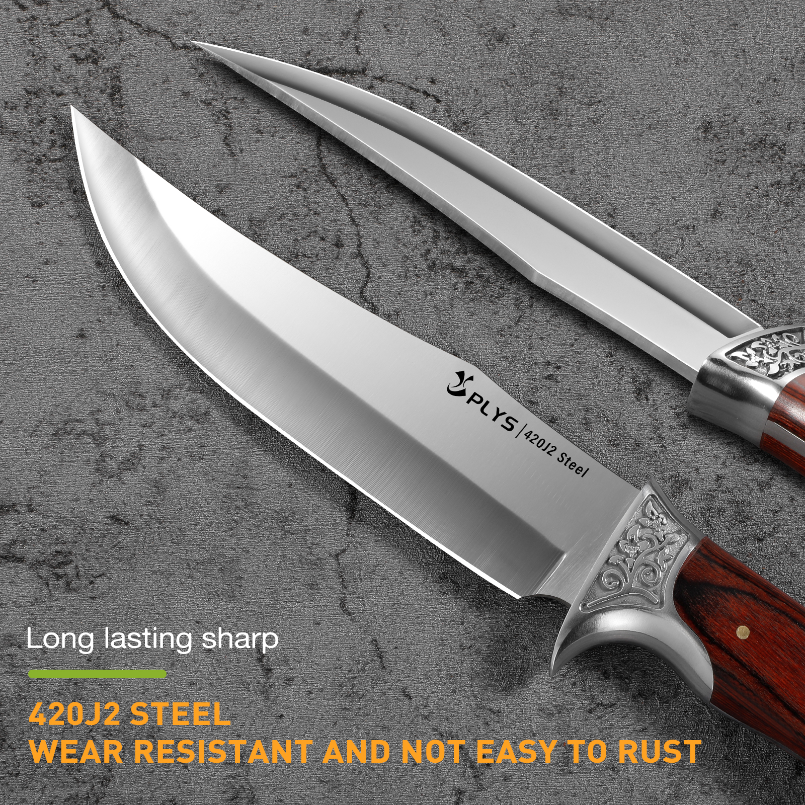 Plys Full Tang Camping Hunting Knife with Nylon Sheath, Fixed Blade Outdoor Knives, Stainless Steel Sharp Blade