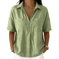thumbnail image 5 of VBVC Women's Cotton-Linen Half-Zip Collared Shirt,Ladies Short Sleeve Pocketed Casual Blouse,Loose Fit Lightweight Summer Top for Women,Green,S-2XL, 5 of 8