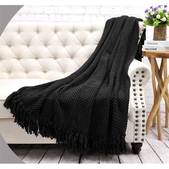 Raven Tweed Knitted Throw Blanket with Tassel for Bed Sofa Couch Chair 50 x 60"