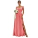 thumbnail image 1 of Vestido de dama de honor SOLODISH de chifón con hombros descubiertos y abertura en color coral, 1 of 7