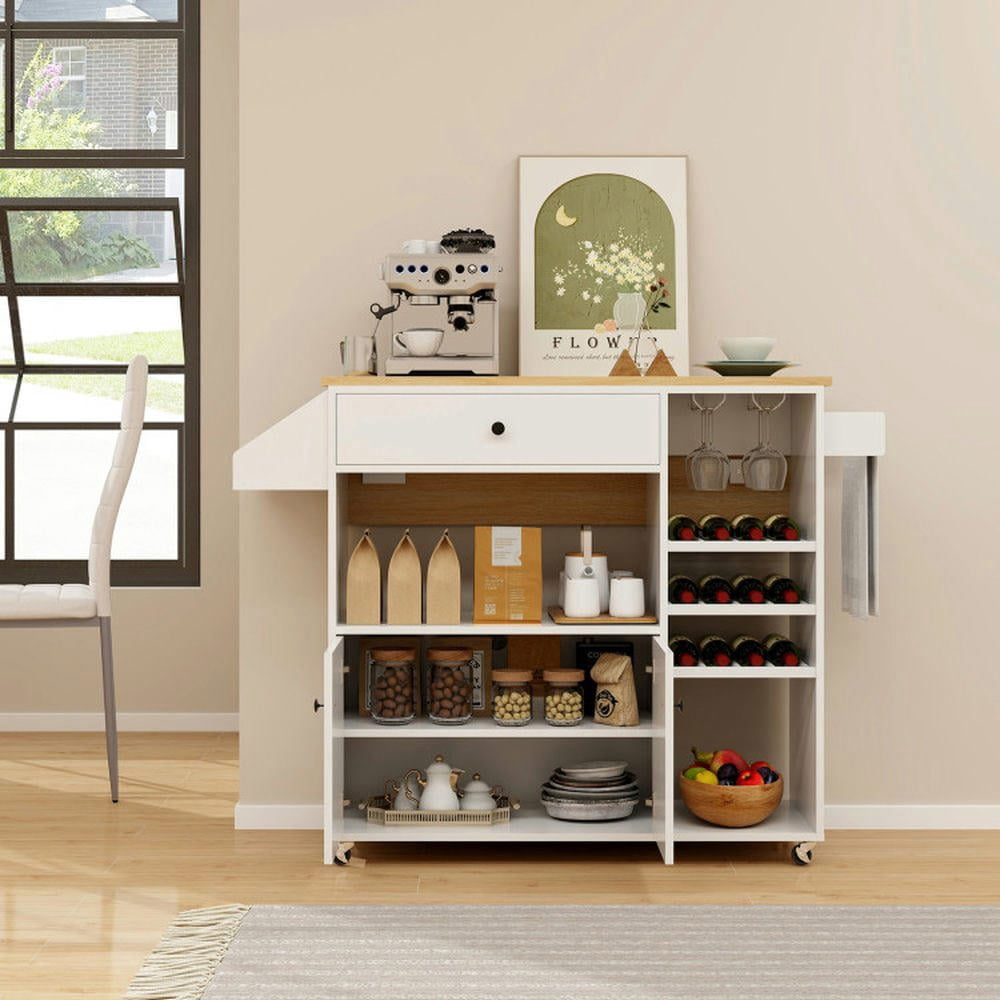 YYAo Kitchen Storage Island, Kitchen Cart,Drop Leaf Mobile Kitchen Island Cart with Power Outlet and Adjustable Shelf-White