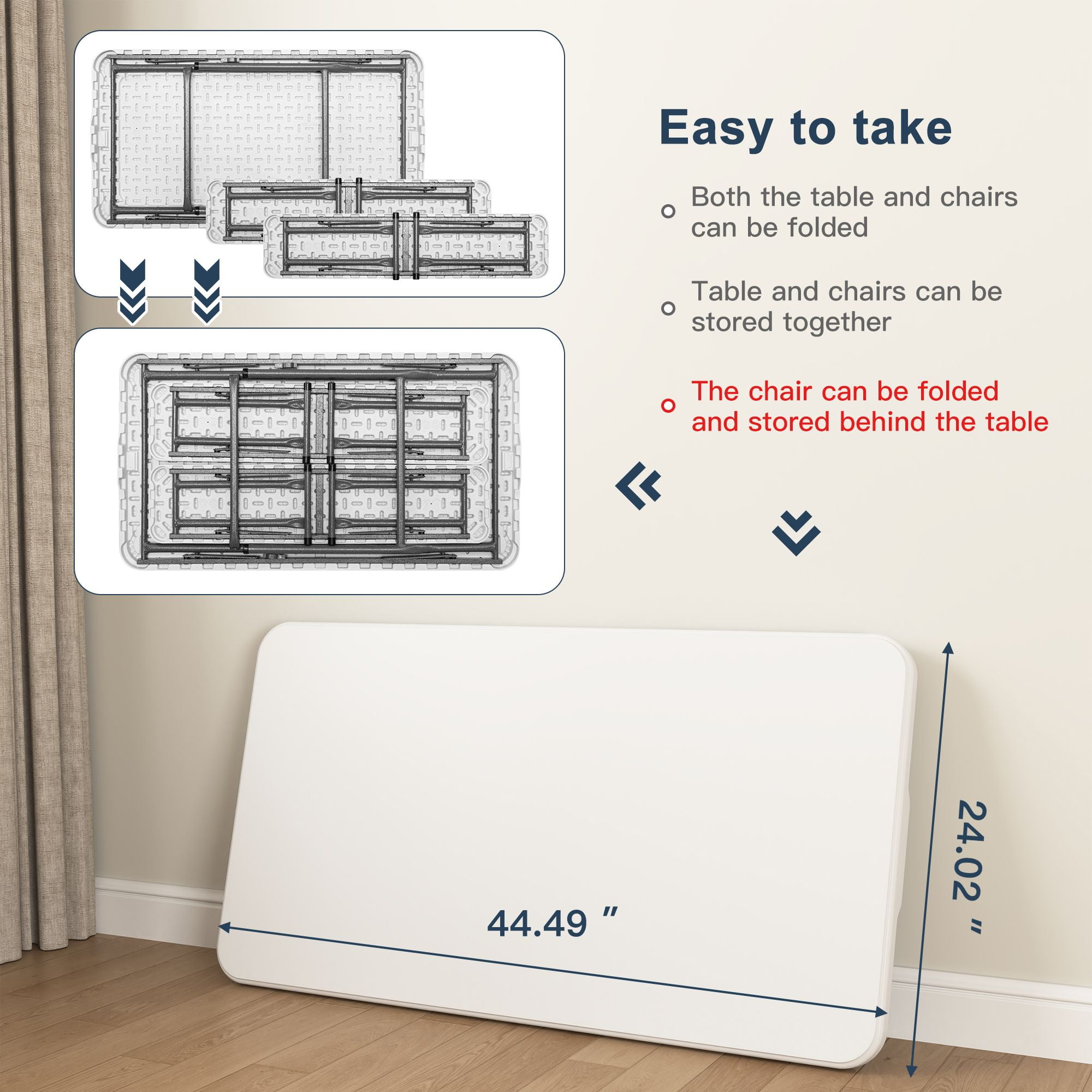 Demi Bonn 3-Piece Folding Picnic Table Set with 2 Benches, 6 Feet Camping Table Chair Set fordoor or Outdoor Use, Smooth Tabletop, White