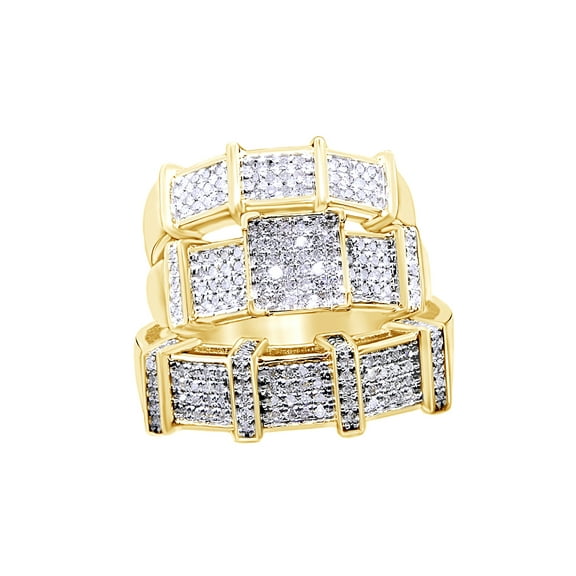 AFFY Round Cut White Cubic Zirconia Engagement and Wedding Trio Band Ring Set In 10K Solid Yellow Gold (0.69 Cttw)