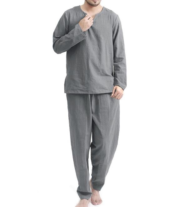 Mens Pyjama Set V Neck Long Sleeve Top and Pants