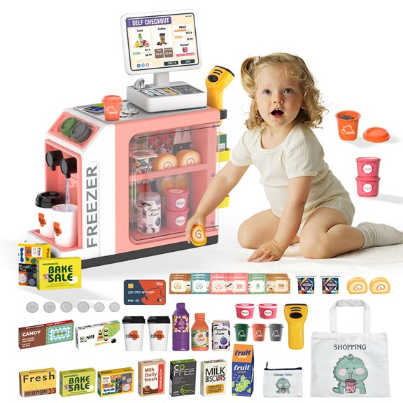 Caja registradora Playset POFJOEQ con máquina de café, 48 piezas para niños