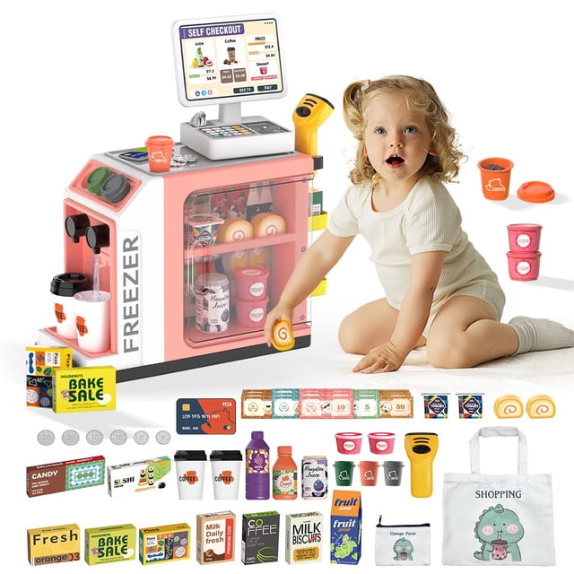 Caja registradora Playset POFJOEQ con máquina de café, 48 piezas para niños