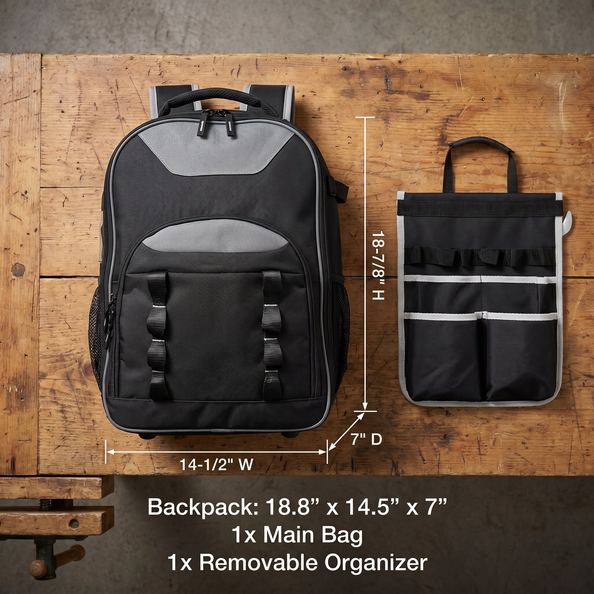 Tool Backpack, Heavy Duty Oxford Cloth Tool Bag, 25kg Load Capacity, Detachable Tool Organizer, Laptop Compartment, Padded Back, Multiple Pockets, Black/Gray, 14.5 x 7 x 18.9 in