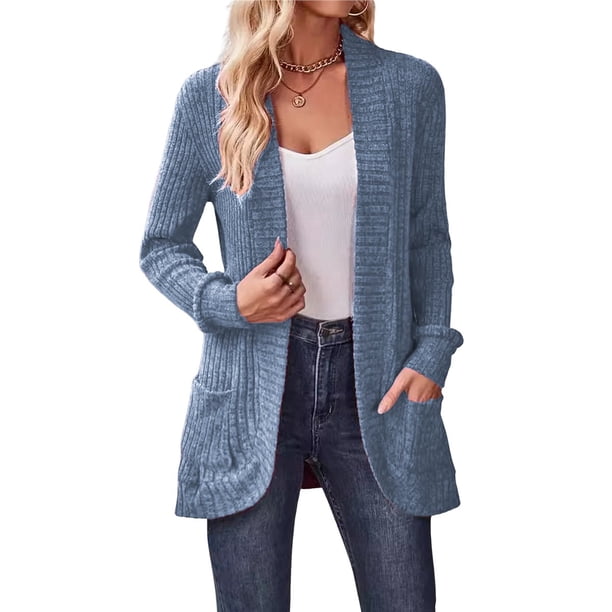 Cárdigan para Mujer, Suéter de Larga con Abertura Frontal y Bolsillos para Otoño e Invierno. Azul M