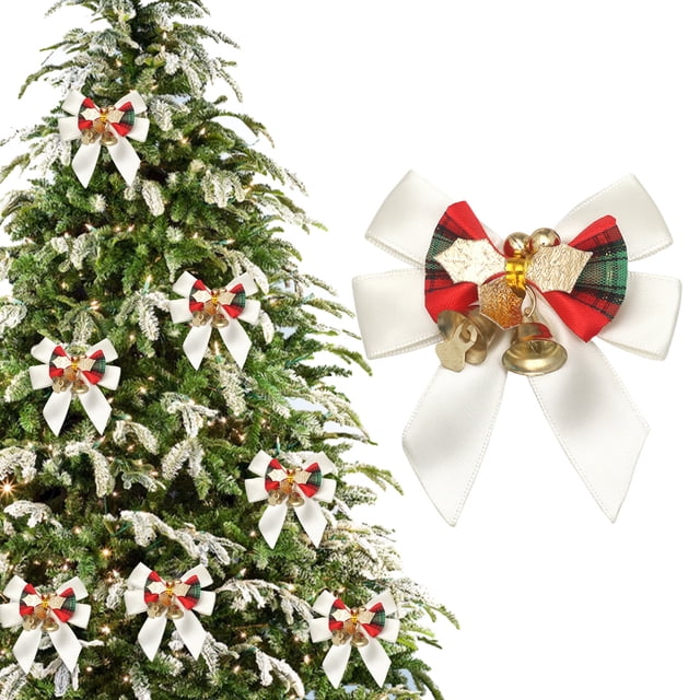 Decoración de lazo navideño - Colgante de moño navideño de poliéster para árbol y regalos - 8x7cm - blanco, tinto, vino, café, verde