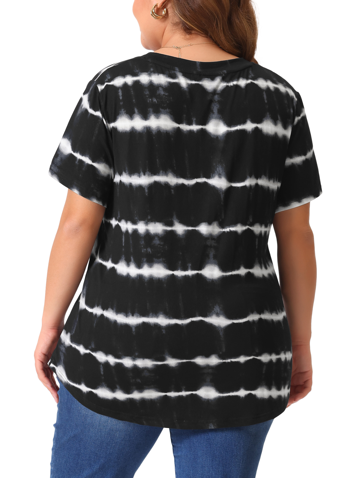 DARING DIVA Women's Plus Size V Neck Short Sleeve Tie Dye Tunic Top 3X Black