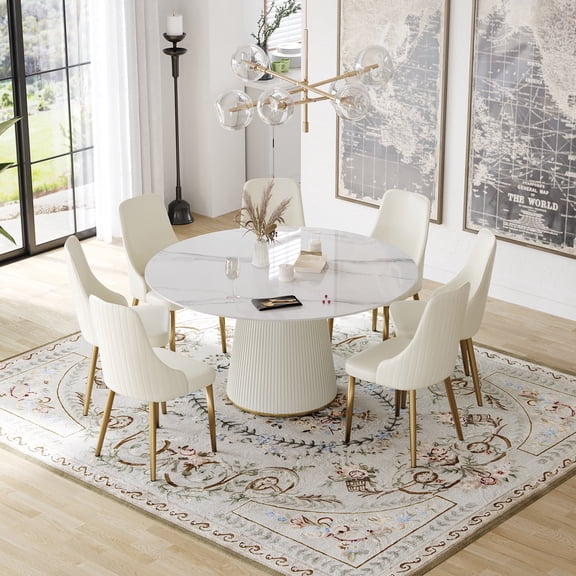 bokifol 59.05" Round Dining Table for 4-6 People,White Sintered Stone Tabletop with Fluted Pedestal Base,Modern Luxury Kitchen & Dining Room Table,Faux Marble Style
