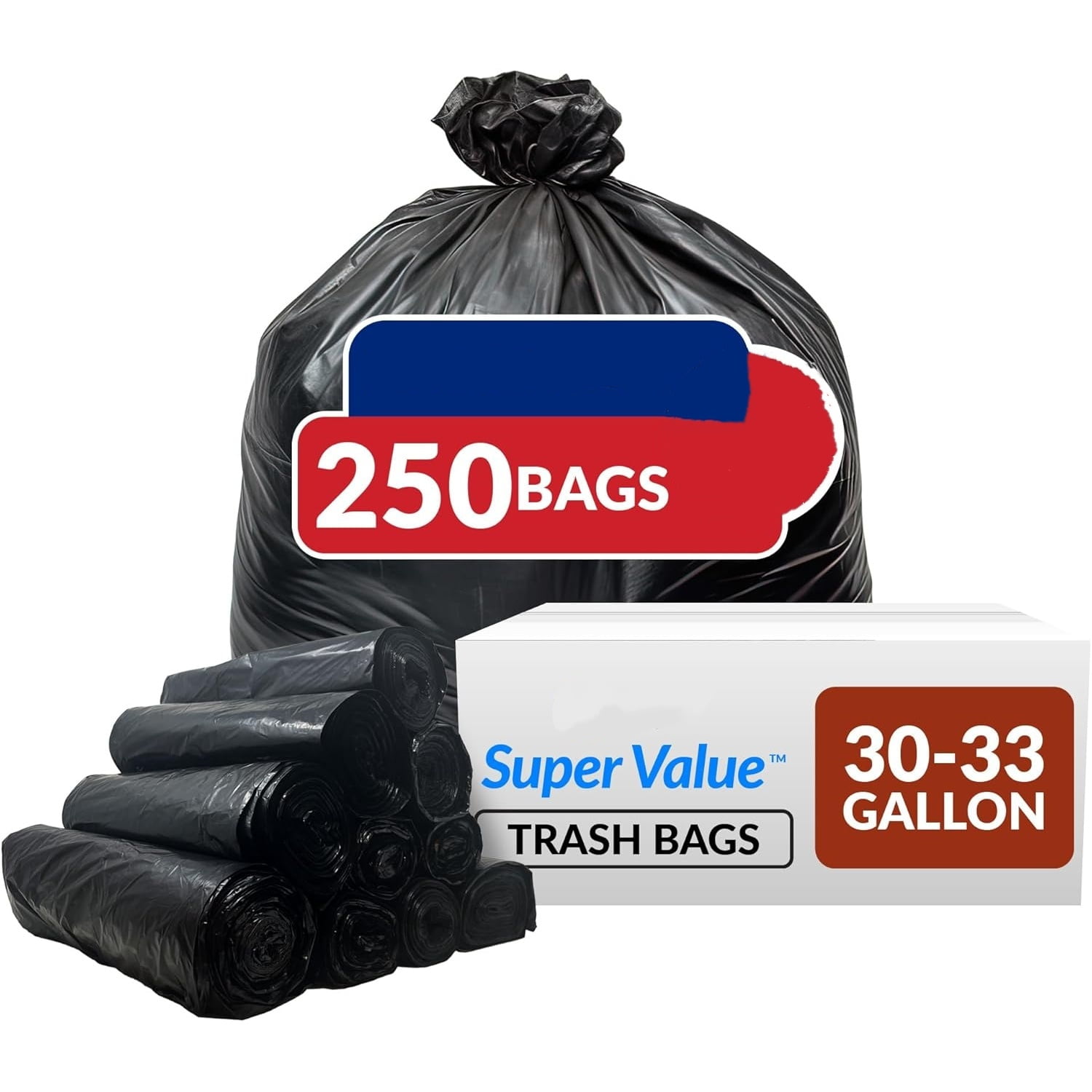 30-33 Gallon Trash Bags Heavy Duty | 250 Count Bulk | Black Large Trash Bags 30+, 32 Gallon